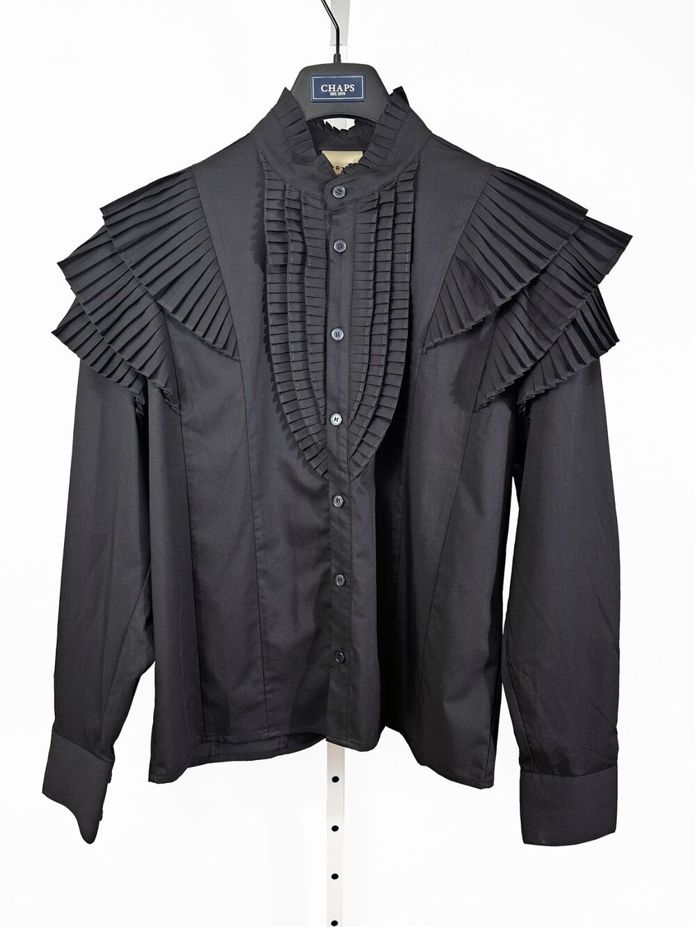 ORTTU Niccolo Medium Black Avant Garde Pleated Ruffle Statement Button Down